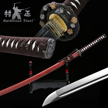 Real Japoneze Katana Oțel arc Lama Full Tang Ascuțite Gata De Luptă Teaca Lemn Rosu NEGRU-41 Cm Manual Sabie de Samurai