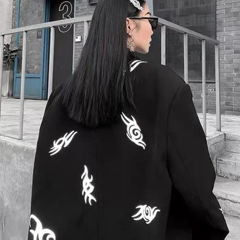 Reflectorizante Iluminat de Noapte cu un Grafic de Imprimare Negru Gotic Blazer Jacheta de moda Harajuku DJ Show-Uri.Pop-Dance Costum De Fluorescență
