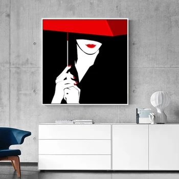 RELIABLI ART Sexy Femeie Cu Pălărie, Șapcă de culoare Roșie Buzele Postere si Printuri Panza Pictura Arta de Perete Pentru Camera de zi Decor Acasă NICI un Cadru