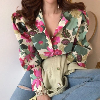 Retro Flower Bluza Cu Maneci Lungi Vrac Felinar De Sus Primăvară 2021 Nou Liber Casual Doamnelor Single-Breasted Cu Maneci Lungi Tricou