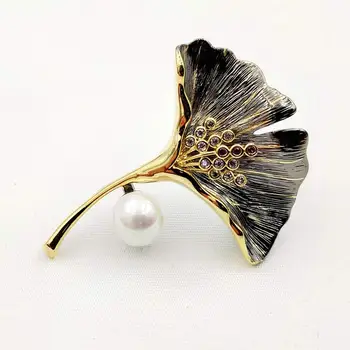 Retro Vintage Din Alama De Aur Metalic Ginkgo Broșe Scurt Tulpini Imitat Perla Deco Botanică Biloba Frunze Ace Ceremonia De Bijuterii