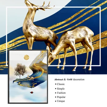 Rezumat Peisaj De Aur Panza Poster De Arta De Perete Pasăre Care Zboară Elan Print Stil Modern Pictura Nordică Acasă Decorare Imagine