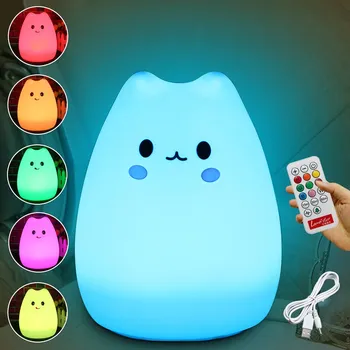 Reîncărcabilă USB cu LED-uri Colorate din Silicon Animale Cat Lumina de Noapte de Control de la Distanță Lampă de Masă Dormitor Copii Cadou