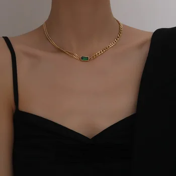 RHYSONG Titan Cu Aur de 14K Bijuterii Gât Cravată Declarație Negru Verde Piatra Pandantiv din Otel Inoxidabil Colier Pentru Femei Partid