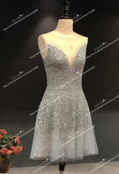 Rin Poze reale Sexy gri albastru sau V gâtului și v spate Genunchi Lungime Rochii de bal rochii de Bal 2020