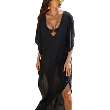 Riseado V-gât Rochie de Plaja cu mânecă Scurtă Tunic Cover-Up Black Costume de baie Femei Plasă de Plaja Acoperi Brazilian de Plajă, îmbrăcăminte de Vară 2021
