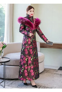 Rlyaeiz Europa Stil De Moda Florale Imprimate Femei Haina 2019 Jachete De Iarnă Pentru Femei X-Long Mare Guler De Blană Cald Haina Pentru Femeie Haina