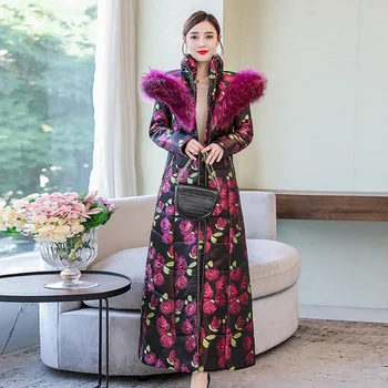 Rlyaeiz Europa Stil De Moda Florale Imprimate Femei Haina 2019 Jachete De Iarnă Pentru Femei X-Long Mare Guler De Blană Cald Haina Pentru Femeie Haina