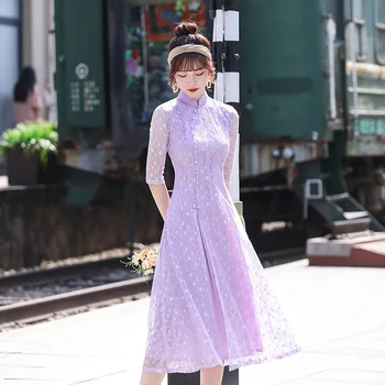 Rochie chinez Femei Elegante Aodai Stil de Genunchi Lungime qipao Vestidos Petrecere Rochii de Mireasa Sexy Split Cheongsam