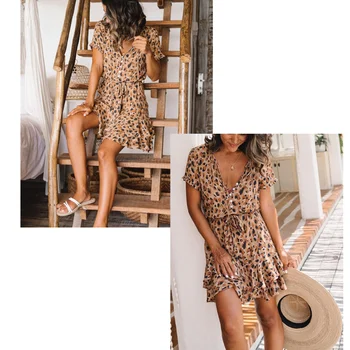 Rochie de Leopard de Imprimare Femei Sexy rochie fără Mâneci Ciufulit Rochie de Vacanță V-neck Butoane Plaja Halat Femme Talie Mare Rochie de Vară 2020