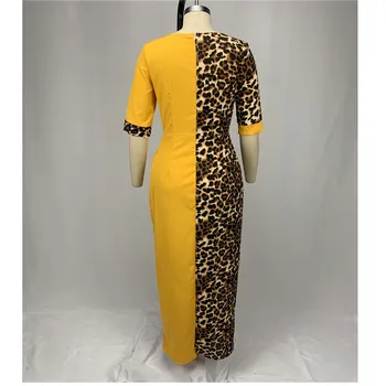 Rochie de Leopard Primăvara și vara O de gât cu cinci puncte maneca talie mare împletit split mult rochia subțire