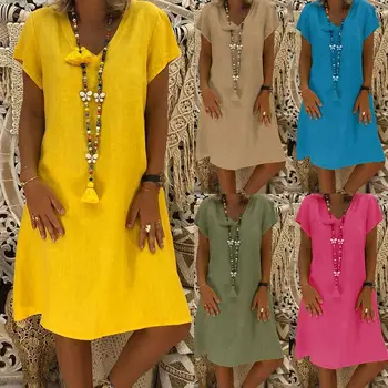 Rochie de vara Femei de Moda, Rochii Midi V-neck Bumbac și Lenjerie de Plaja Rochii Casual Culoare solidă Plus Dimensiune Femei Vestidos