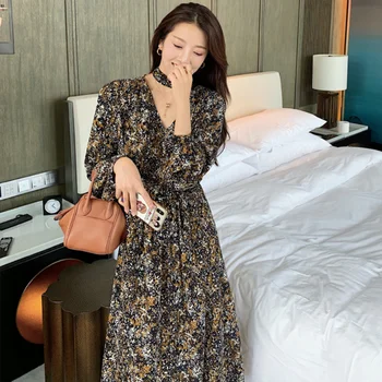 Rochie De Șifon Coreeană De Moda De Îmbrăcăminte De Epocă Doamnelor Floral Print Long Sleeve V Neck Rochii Pentru Femei Retro 2021 Toamna Primavara