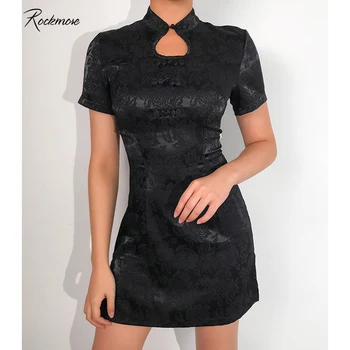 Rockmore Negru Split Stil Chinezesc Mini Cheongsam Femei Rochie Coreea Casual Cu Fermoar Mai Sus De Genunchi Rochii Cu Buton De Streetwear 2019