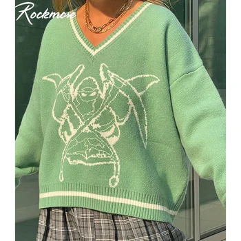 Rockmore Tricotate Print V Gât Pulovere Femei Largi Y2K Stil Preppy Jumperi Estetice Cardigan cu Maneci Lungi Streetwear Supradimensionat