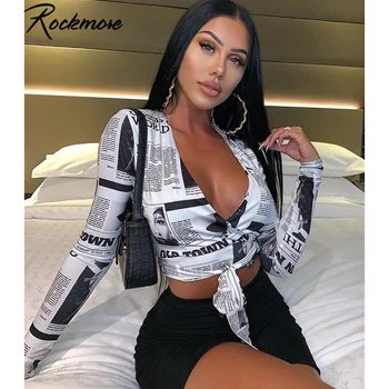 Rockmore Ziarul Scrisoare de Imprimare Femei T Shirt V-gât Adânc Sexy Tricouri Tricouri Maneca Lunga Crop Top Streetwear Bază Tricou Femei