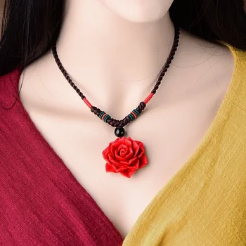Romantic Cravată Colier Statement Femei Mare Lanț De Trandafir Rosu Floare Colier Piatră Neagră Pedantului Coliere Dropshopping 2019