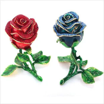 Rose Breloc Cutie de Mână-Pictat cu Balamale Inel Titular Modele Breloc Bejeweled Cutie Decor cu Cristale Cadou de Colectie (roșu, albastru)