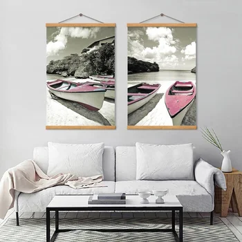 Roz Două Bărci Ancorate Pe Apele Calme Din Lume Gri De Artă Panza Pictura Pentru Living Modern Decor Acasă