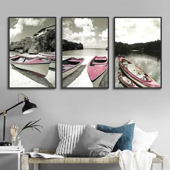 Roz Două Bărci Ancorate Pe Apele Calme Din Lume Gri De Artă Panza Pictura Pentru Living Modern Decor Acasă