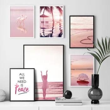Roz Fata De Plaja Flamingo Palmier Citate Arta De Perete Panza Pictura Nordică Postere Si Printuri Poze De Perete Pentru Living Decorul Camerei