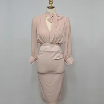 Roz Office Lady Dress 2020 Toamna Simplu Șifon Talie Mare Împletit Cinci Puncte Maneca Temperament Elegant Rochie De Petrecere Femei