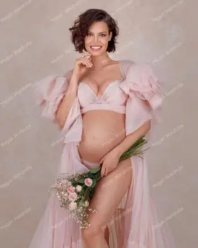 Roz Tul Rochii De Maternitate Mâneci Bufante Pur Sexy Ședință Foto Cu Mireasa Tul Halate Personalizate Plus Dimensiune Tul Rochii