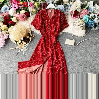 Roșu coreeană elegant Rochie sexy femei de vară 2020 plajă V-neck polka dot rochie midi cu talie split rochie vestidos de fiesta haine