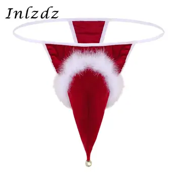 Roșu Mens Lenjerie intima Catifea Pălărie Moș Crăciun, Vacanță de Lux Cosplay Costum G-string Tanga Lenjerie Sexy cu Clopot Mic
