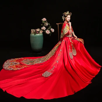 Roșu Mireasa Stil Chinezesc Cheongsam Nunta Rochie de Seara Vintage Femei Broderie Mult Qipao Rochii de Partid de Îmbrăcăminte S - XXL