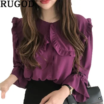RUGOD 2019 Noi Solidă Șifon Femei Camasi cu Volane Maneca Lunga Eleganta pentru Femei Bluza O-Gat Femei Chic Topuri blusas mujer de moda