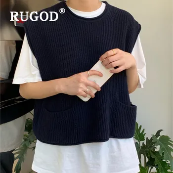 RUGOD O-gât Pulover Vesta cu Buzunare Scurt coreeană Stil Casual Mâneci Tricotate Vesta de Primavara Casual Scurte Pulover Vesta