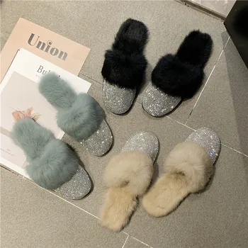 Runda Toe De Păr Designer De Pantofi Pentru Femei De Lux 2019 Stras Blană Papuci De Cristal Diamant Catâri Aluneca Pe Jumătate Papuci Apartamente Pantofi