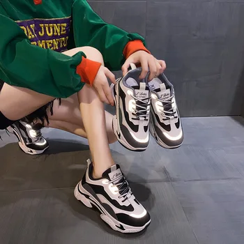 Războinic 2020 Femei Indesata Adidași Culori Amestecate Vulcaniza Pantofi de Moda Split din Piele PU Platforma Femei Casual Dantela-up Pantofi