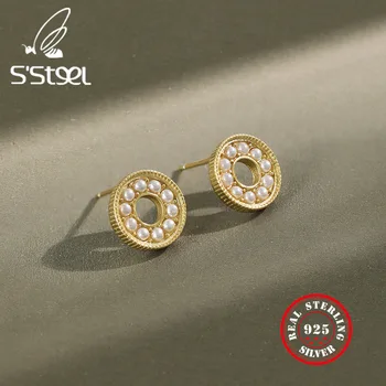 S ' STEEL Stud Cercei Pentru Femeile 925 Sterling Silver-coreean Geometrice de apă Dulce Pearl Cercei de Aur Aretes De Mujer Bijuterii Fine