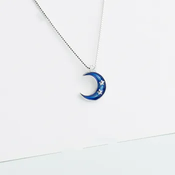 S925 Argint Cu Picura Glazura Blue Moon Pentru Femei Colier Simplu Sălbatice Student Clavicula Lanț Cadou de Ziua Îndrăgostiților