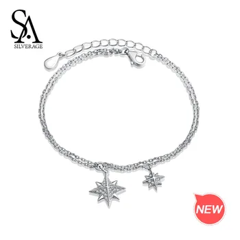 SA SILVERAGE 925 Sterling Silver Star Bratari Pentru Femei AAA Zirconia Dublu Brățară Argint 925 de Link-ul Lanț Brățară