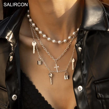 Salircon Multi Strat Imitație Pearl Lacăt Pandantiv Colier Stras Cruce Dragoste brelocuri, Colier pentru Femei Bijuterii Cadou