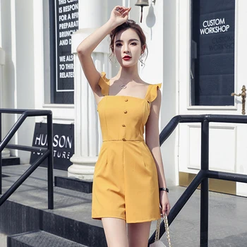 Salopeta pentru Femei de Vară 2020 Moda coreeană Volane Spaghete Curea Salopeta Scurta Costum Galben combinaison scurt femme S95