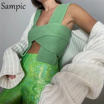 Sampic Moda 2020 Iarna Bandaj Sexy Tricotate Verde Femei Vestă De Pe Umăr Pulover Pulover Trunchiate Topuri Jersey Mujer