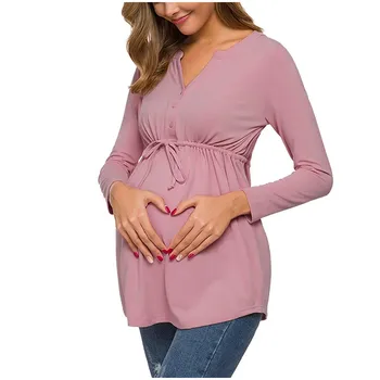 Sarcinii Maternitate Care Alăptează Bluze Femei Haine De Culoare Solidă Maneca Lunga Tricouri Pentru Alăptare Haine De Maternitate 2020