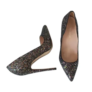 Sclipici negru pantofi de nunta 12 cm toc pompe sexy stilet tocuri superficial pantofi de partid pentru femeile 34-45 LF005 ROVICIYA