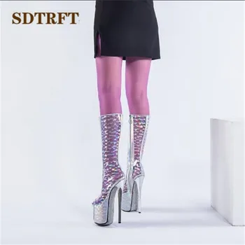 SDTRFT Moda 20cm subțire tocuri Stiletto femeie Vară Coool Peep Toe Genunchi-cizme înalte pompe de platforma doamnelor transparent SM pantofi