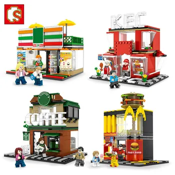 Sembo Bloc Mini Stradă Oraș Scena Magazin de vânzare cu Amănuntul în Miniatură Bloc de Cafea Fast-Food Apple Model 3D Brick Toy pentru Copii