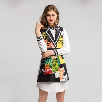 SEQINYY Set Casual de Vară 2020 Primăvara anului Nou Design de Moda pentru Femei cu Maneci Lungi Mini Alb Rochie de Camasa + Vesta Flori Scrisoare de Imprimare de Top
