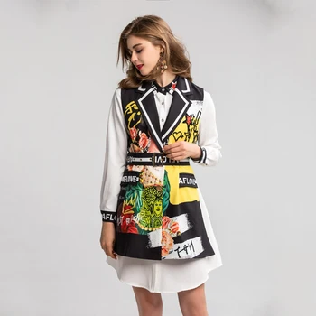 SEQINYY Set Casual de Vară 2020 Primăvara anului Nou Design de Moda pentru Femei cu Maneci Lungi Mini Alb Rochie de Camasa + Vesta Flori Scrisoare de Imprimare de Top