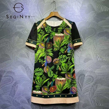 SEQINYY Sicilia Rochie Mini de Vara Primăvara anului Nou Design de Moda pentru Femei Vintage Verde din Frunze de Palmier de Imprimare ștrasuri din Mărgele de Înaltă Calitate