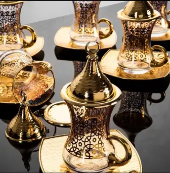 Set de Ceai turcesc de Aur Placat cu Aur cu model Acoperite Manual Șase persoane și optsprezece bucată Set de Ceai turcesc