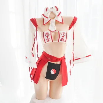 Set De Lenjerie Sexy Erotic Retro Kimono Vrăjitoare Uniformă Piața Cupa Strapless Micro Sutien Fusta Plisata Anime Japonez Exorcist Cosplay