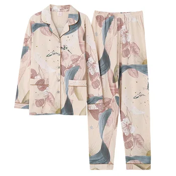 Set de pijama pentru Femei Haine pentru Primăvară și Toamnă, cu mâneci Lungi, Pantaloni de Costum din Două piese Florale Imprimate Bumbac Pijama Set pentru Femei